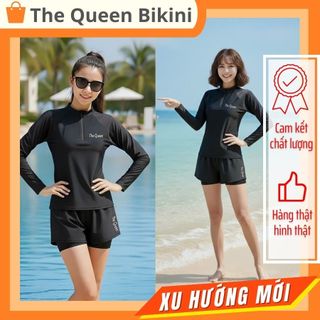   Size S - 2XL  Đồ bơi nữ đi biển bikini kín đáo màu đen áo tay dài có dây khóa kéo quần đùi ngắn 2 lớp The Queen 020 