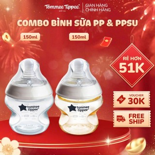  COMBO Bình sữa Ty Siêu Mềm Tự Nhiên Tommee Tippee PP & PPSU 150ml Hoạ Tiết Núm Ty Của Bình 0-3 Tháng 