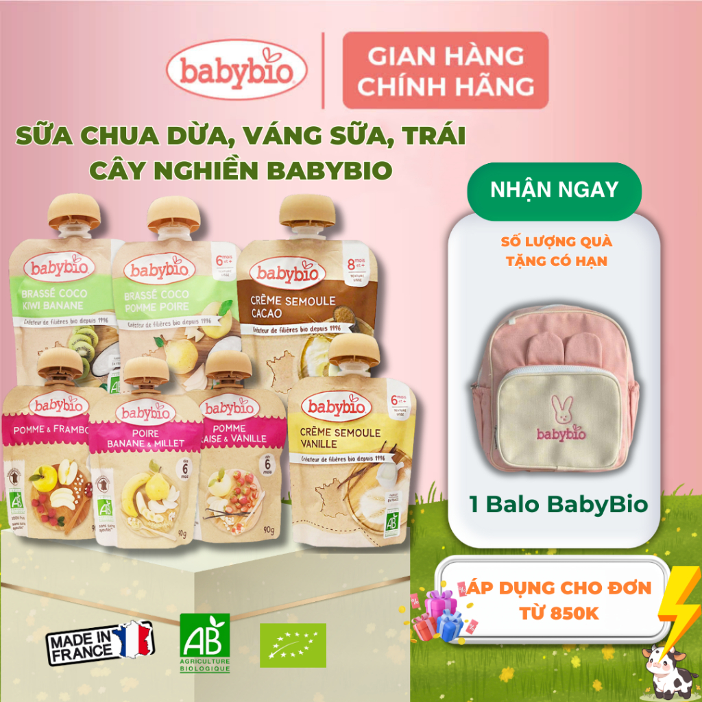 Trái cây nghiền hữu cơ cho bé vị dâu, táo, vani Babybio 90g (≥ 6 tháng)