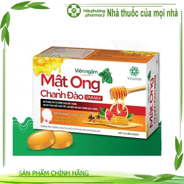 Kẹo ngậm mật ong chanh đào Vnmax hộp 24 viên