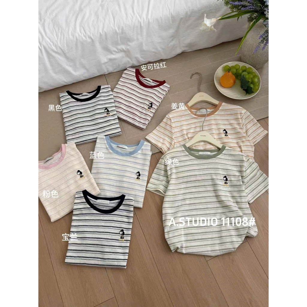 (Hương Muối) Áo thun giấy kẻ thêu cún đầu to chất mỏng - A.Studio mã 11108