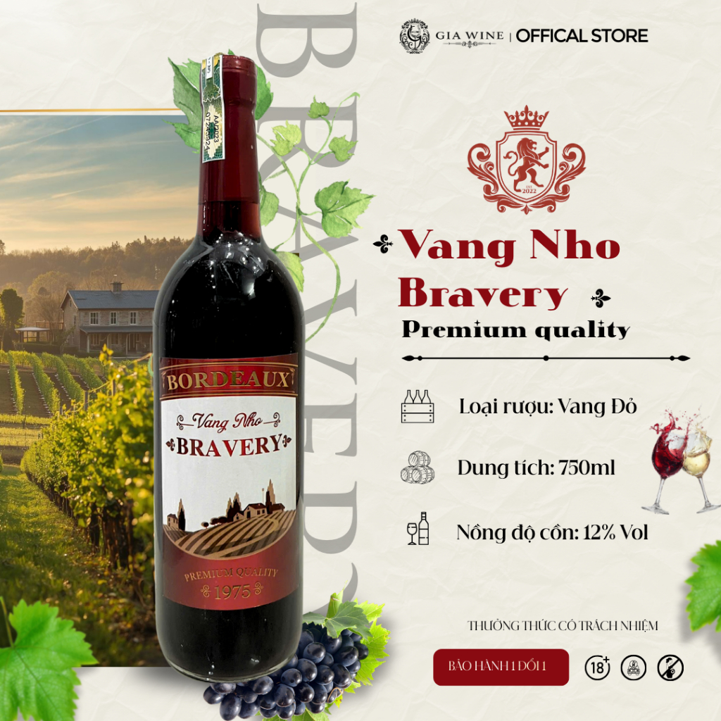 [Chính hãng] - Rượu Vang Nho Có Hộp - Vang Bravery - 750ml (12% Vol) GIA WINE