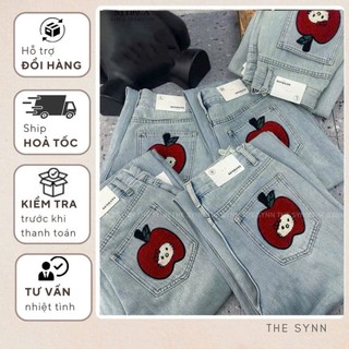 Q72 - (S-XXL 101-104cm) Quần Jeans Nữ Form Suông Màu Xanh Phối Thêu Túi Táo Đỏ