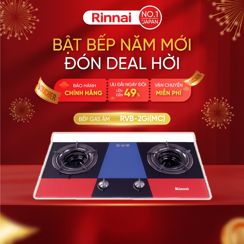 Bếp gas âm đầu đốt trong Rinnai RVB-2Gi(MC) mặt bếp kính và kiềng men