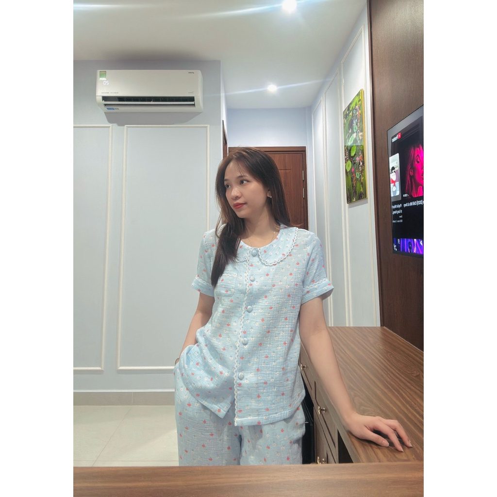 NK HOME OUTFIT] Bộ pijama Nữ cổ Sen viền ren tay ngắn quần dài-Set bộ ngủ mặc nhà họa tiết siêu dễ t