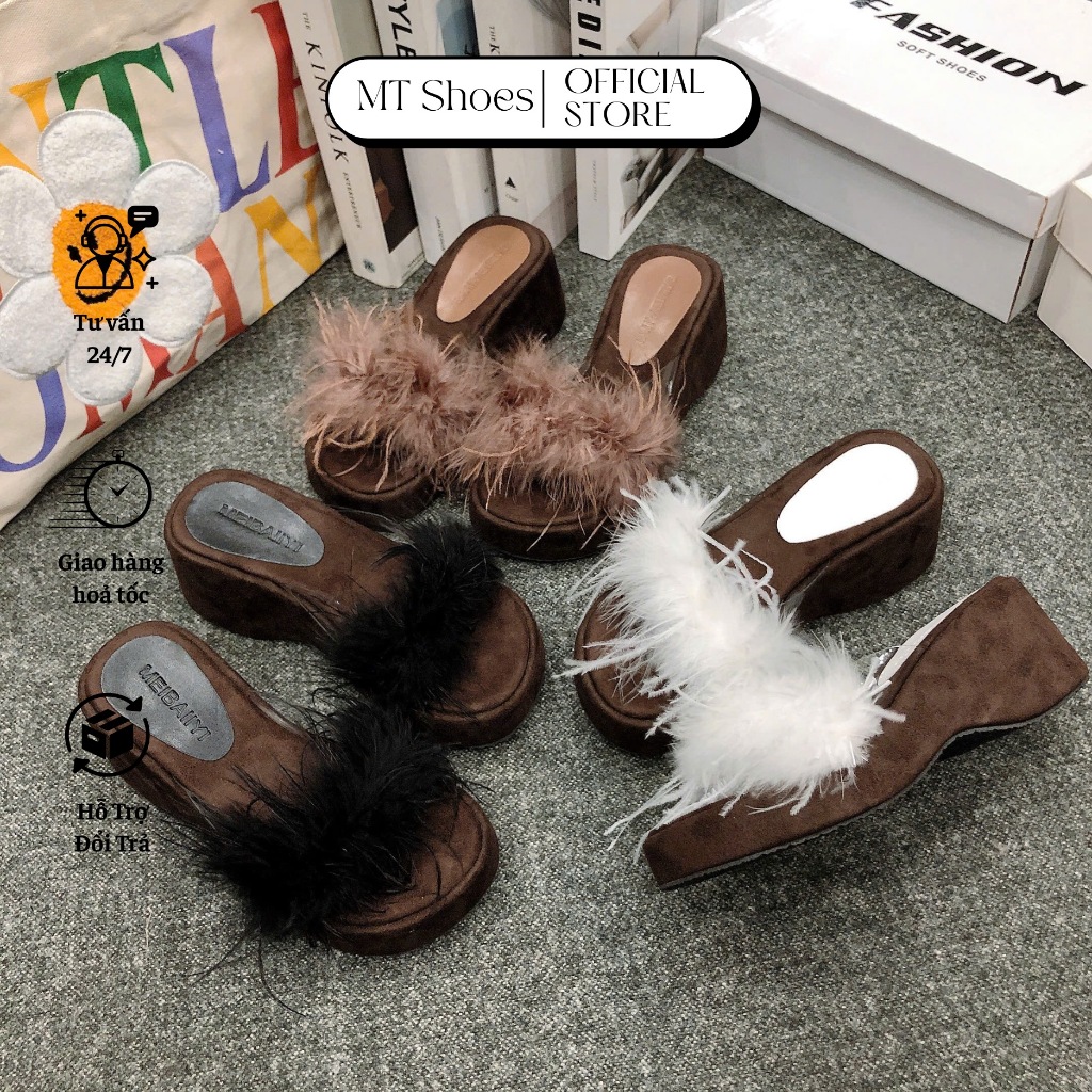 Dép Bánh Mì Nữ Quai Lông Vũ Cao 6 Phân Đế Bọc Da Lộn Mềm Êm Thời Trang MT Shoes DN101