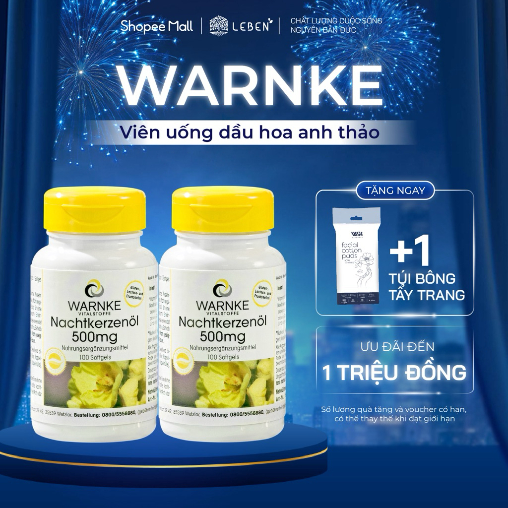 Combo 2 Tinh Dầu Hoa Anh Thảo Warnke Nachtkerzenöl 500mg Hỗ Trợ Cân Bằng Nội Tiết Tố Nữ | Leben Việt