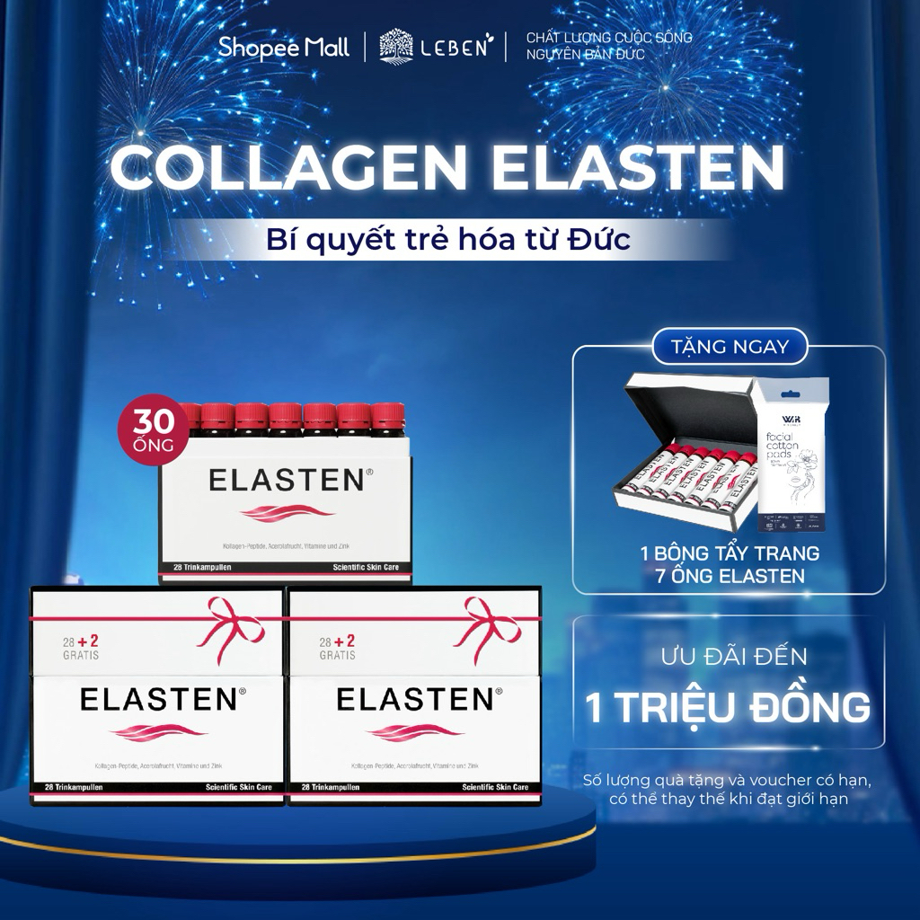 Collagen Elasten - Bộ 3 Hộp (1 liệu trình) Giúp Da Căng Mịn, Chống Lão Hóa, Tóc Chắc Khỏe 90 x 25ml 