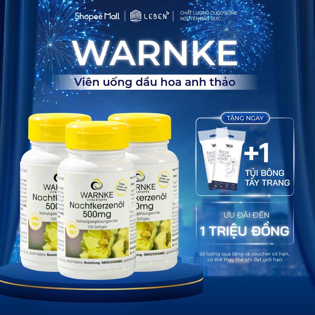 Combo 3 Tinh Dầu Hoa Anh Thảo Warnke Nachtkerzenöl 500mg Hỗ Trợ Cân Bằng Nội Tiết Tố Nữ | Leben Việt