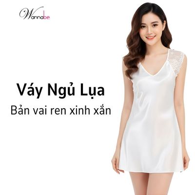 Đầm ngủ lụa WANNABE váy ngủ tay cánh tiên phối ren Nhật hoa nhẹ nhàng che vai thô mỡ nách DNS06