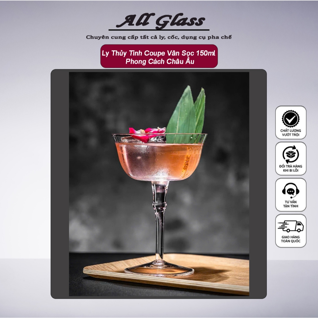 Ly Thủy Tinh Cocktail Coupe Vân Sọc 150ml – Phong Cách Châu Âu, Vintage Coupe Glass