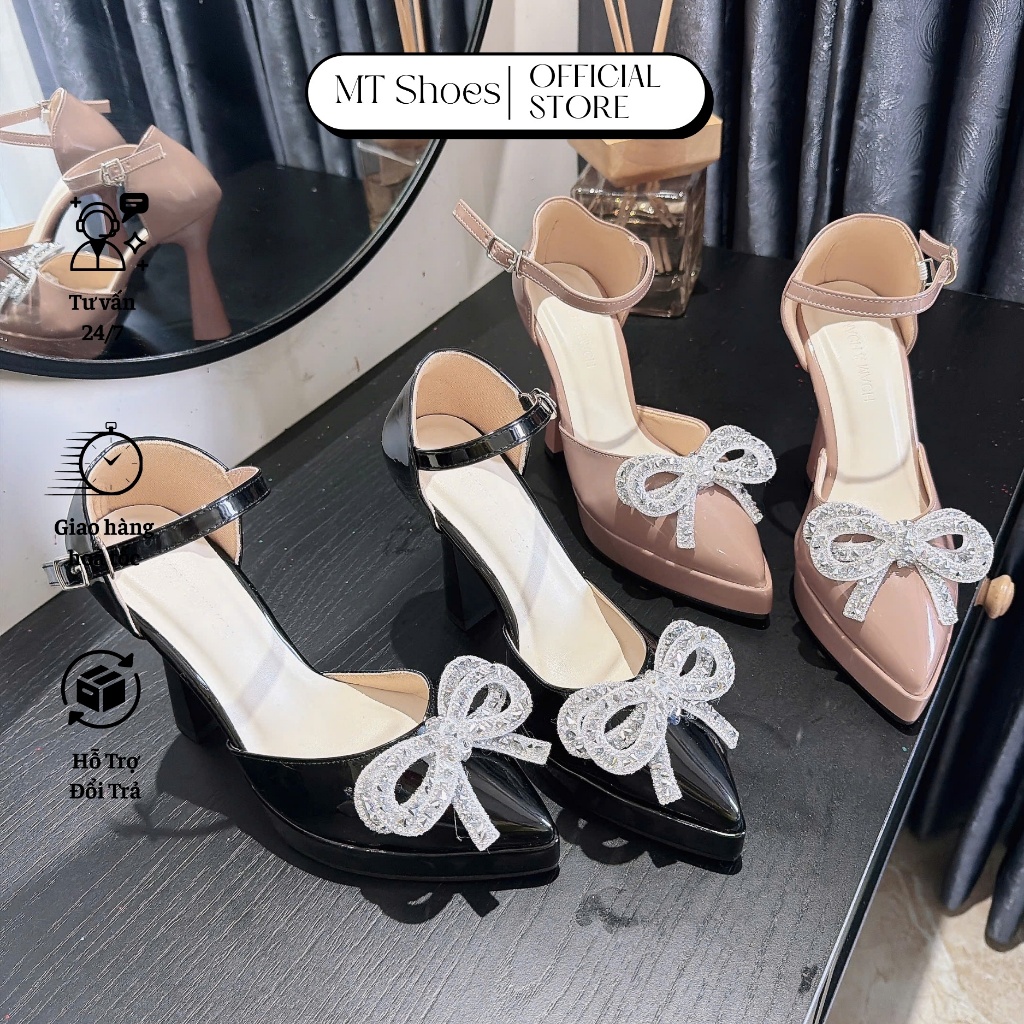Giày Cao Gót MT Shoes Quai Nơ Đá Cao 10 Phân Thời Trang Chất Da Bóng Mềm Đẹp GQ011