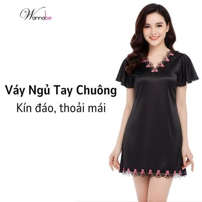 Đầm ngủ lụa WANNABE váy ngủ có tay cổ tim phối ren hoa nữ tính nhẹ nhàng chăm sóc giấc ngủ DNS08