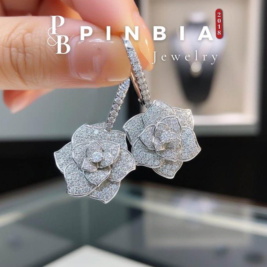 Bông Tai Hoa BG đính full đá cao cấp sang chảnh cho nữ, Khuyên Tai nữ đính đá hoa hồng