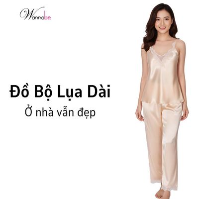 Đồ bộ mặc nhà WANNABE đồ bộ lụa quần dài áo viền ren dây vai cổ tạo vẻ đẹp nữ tính cho bạn BDS39