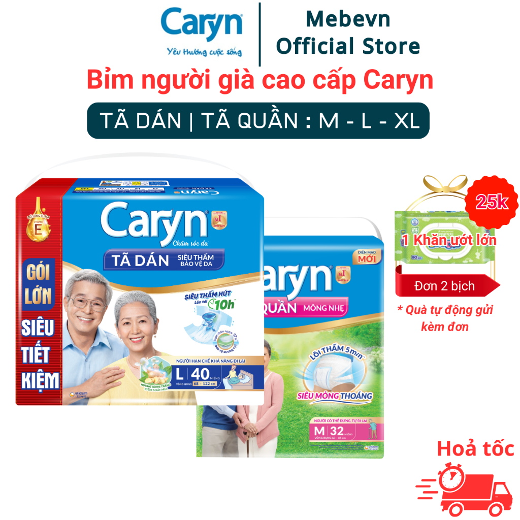 Bỉm người già Caryn chính hãng, tã dán người già, tã quần người già siêu thấm hút hương bạc hà