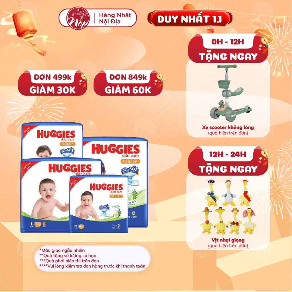   SIÊU NHIỀU MIẾNG  Tã bỉm quần Huggies Skincare Jumbo M106 L104 XL88 XXL80 - nepshop1 