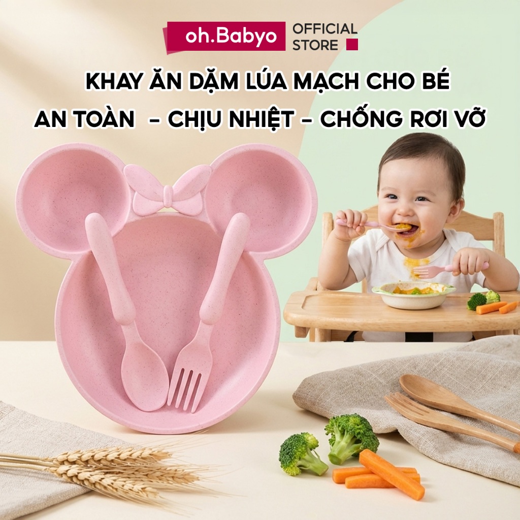 Khay Ăn Dặm Kèm Thìa Dĩa Hình Mickey ohBabyo Bộ Ăn Dặm Lúa Mạch Tự Nhiên An Toàn Cho Bé Từ 6 Tháng