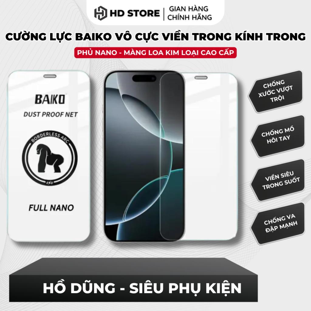 COMBO 3 Kính Cường Lực BAIKO VÔ CỰC 4K VIỀN TRONG SUỐT Kính Siêu Trong Bảo Vệ Toàn Diện Full Màn , Cảm Ứng Mượt Mà
