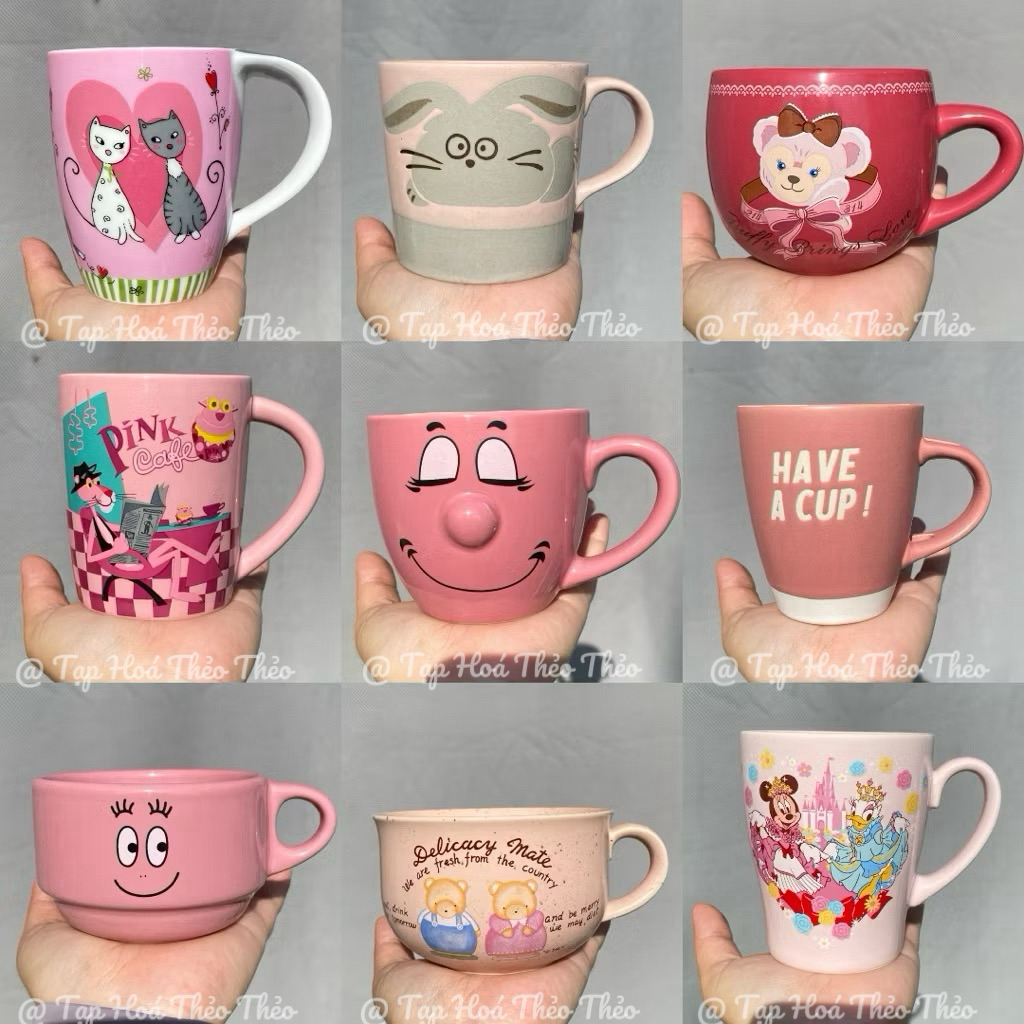 Ly gốm màu hồng dễ thương – Ly uống nước vintage gốm Nhật, họa tiết cute phong phú