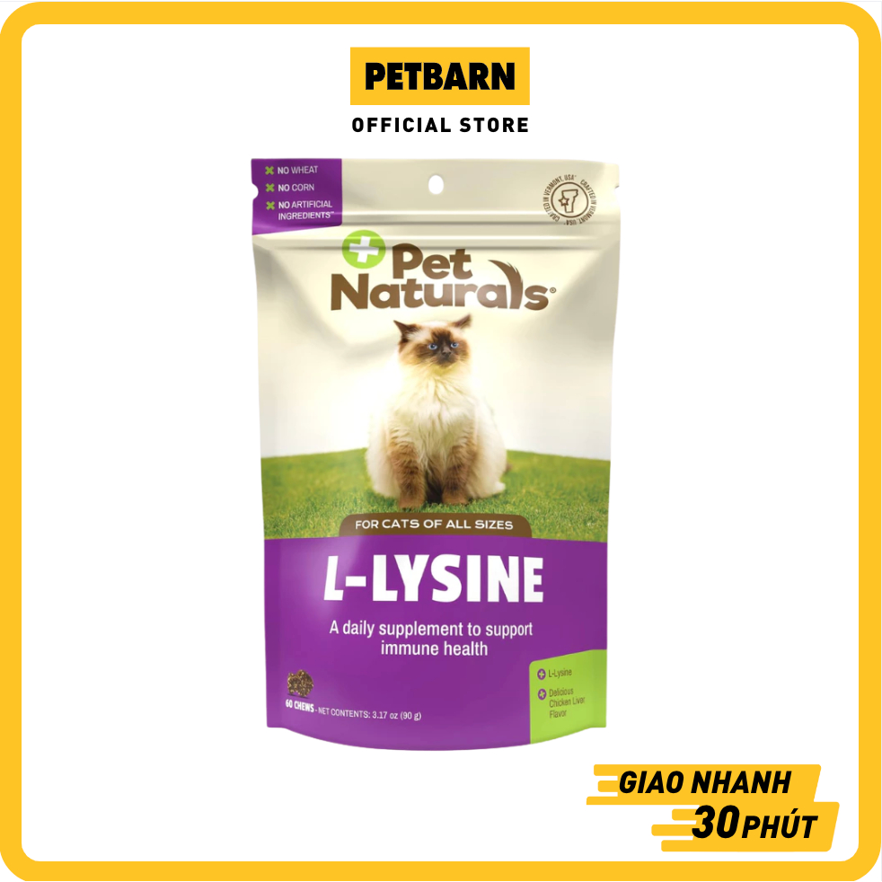 Viên Nhai Pet Naturals L-LYSINE 90g Túi 60 Viên, Bổ Sung Lysine, Hỗ Trợ Hệ Miễn Dịch Cho Mèo PETBARN