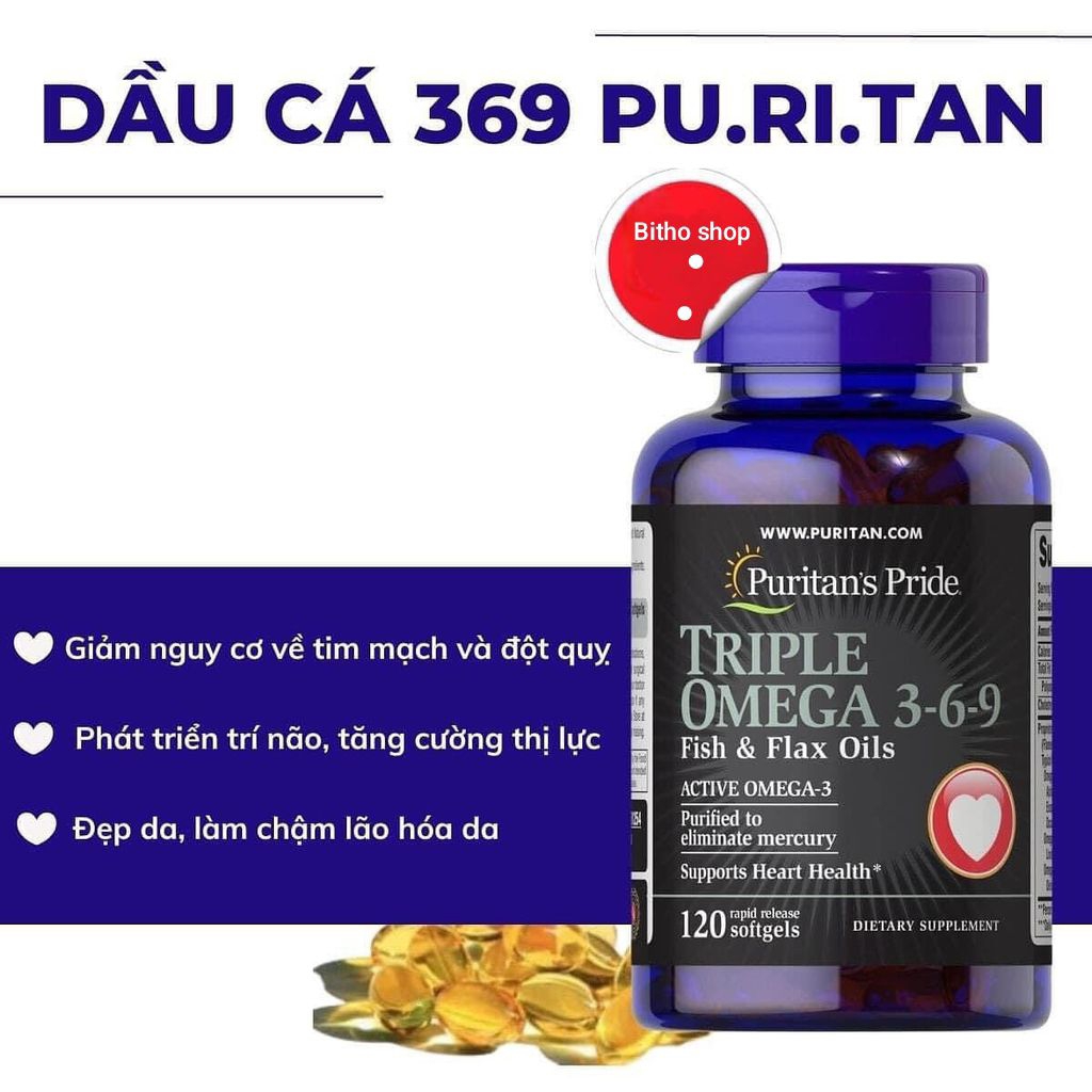 Viên tim mạch, thần kinh, trí nhớ, sáng mắt Puritan'S Pride Triple Omega 3-6-9 fish & Flax oil của M