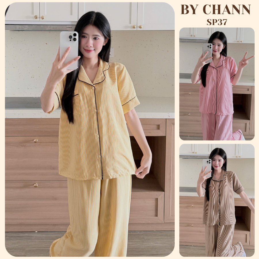 [DEAL MỞ BÁN] Bộ Đồ Ngủ Pyjama BY CHANN (SP37) họa tiết kẻ sọc áo cộc quần dài chất liệu đũi mềm có 