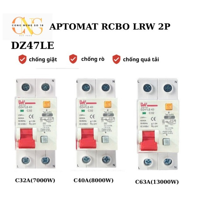 Aptomat (Át) RCBO chống giật, chống rò, quá tải Dz47sLE  LRW 2P /32A/40A/50A/63A