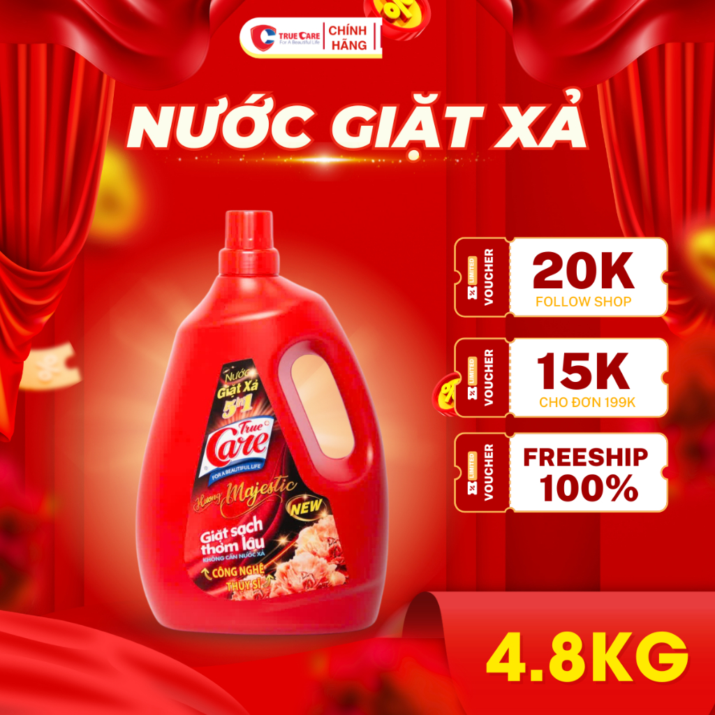Nước giặt xả True Care can 4,8kg trắng sạch quần áo , gấp đôi hạt lưu hương thơm lâu mềm vải
