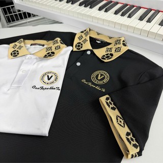 Áo thun polo nam nữ PL-003 PTH – Chất poly phối viền tay họa tiết vàng sang trọng logo thêu nổi bật 2 màu đen – trắng 
