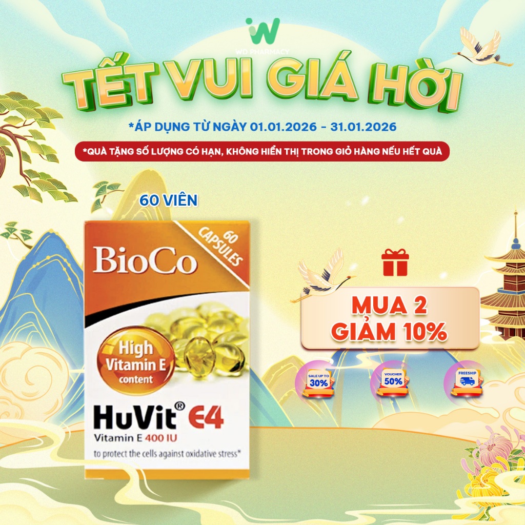 Viên uống vitamin E Bioco Huvit E4 ngăn lão hóa, mờ tàn nhang, nám (Hộp 60v)