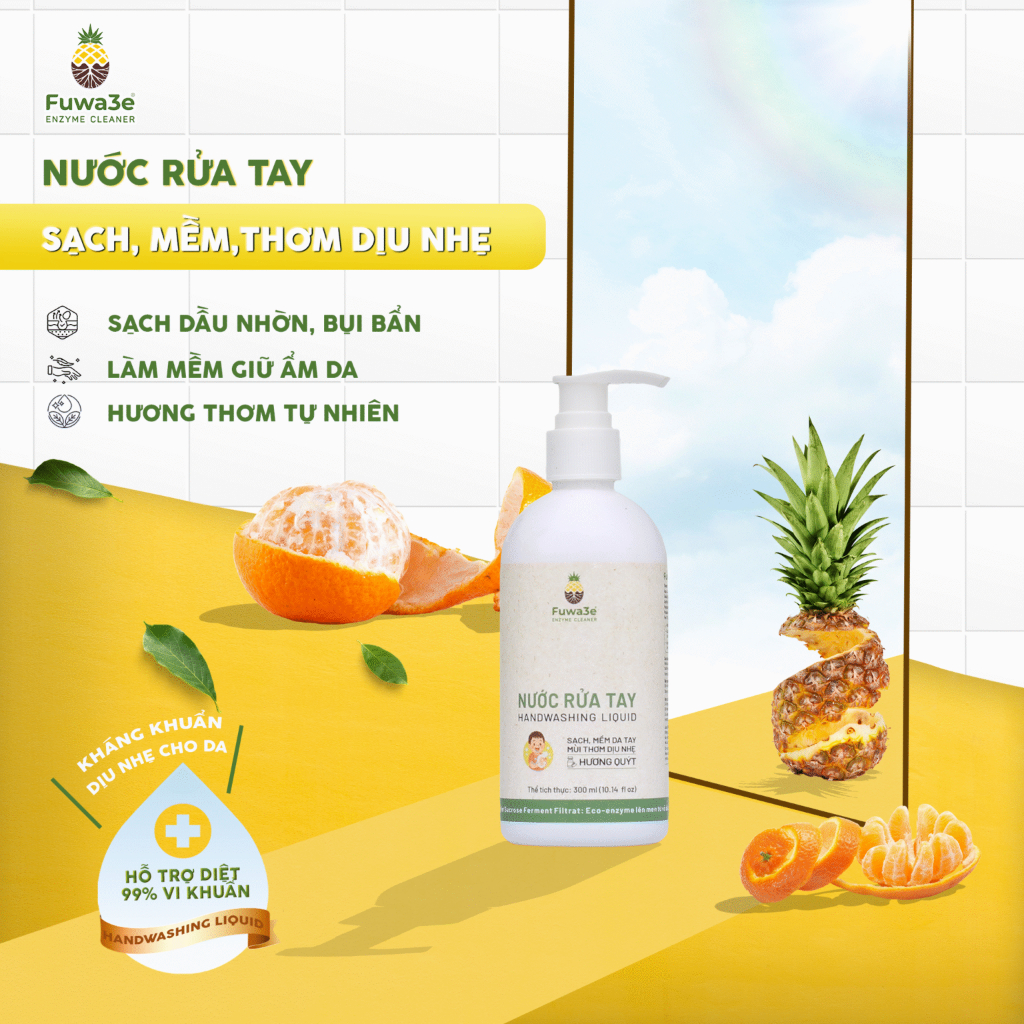 FUWA3E Handwashing Liquid 300mL/  Nước rửa tay FUWA3E tinh dầu quýt 300ml