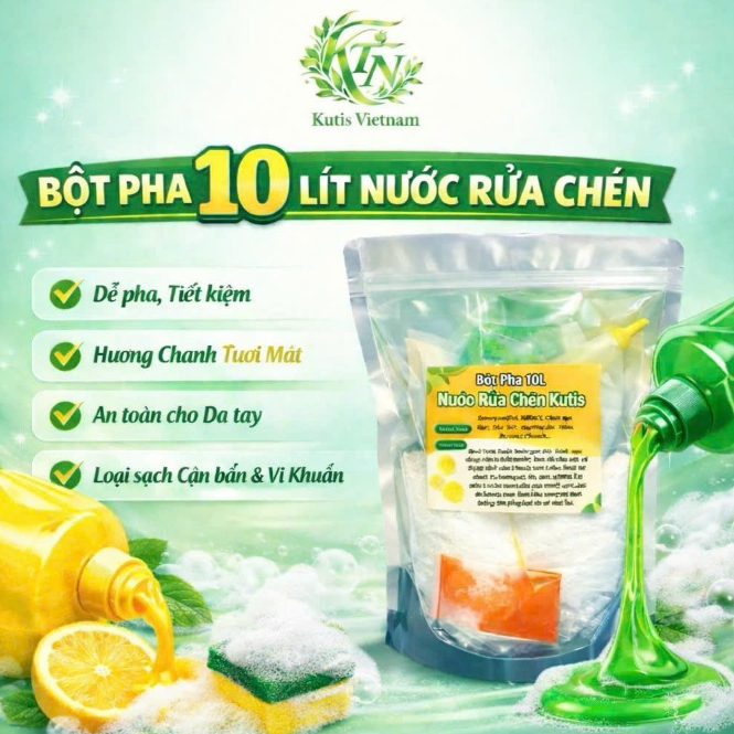 ( Hàng chuẩn cty) Bột Pha Nước Rửa Chén 10L của Kutis Vietnam, công nghệ mới, hương chanh thơm, mềm 