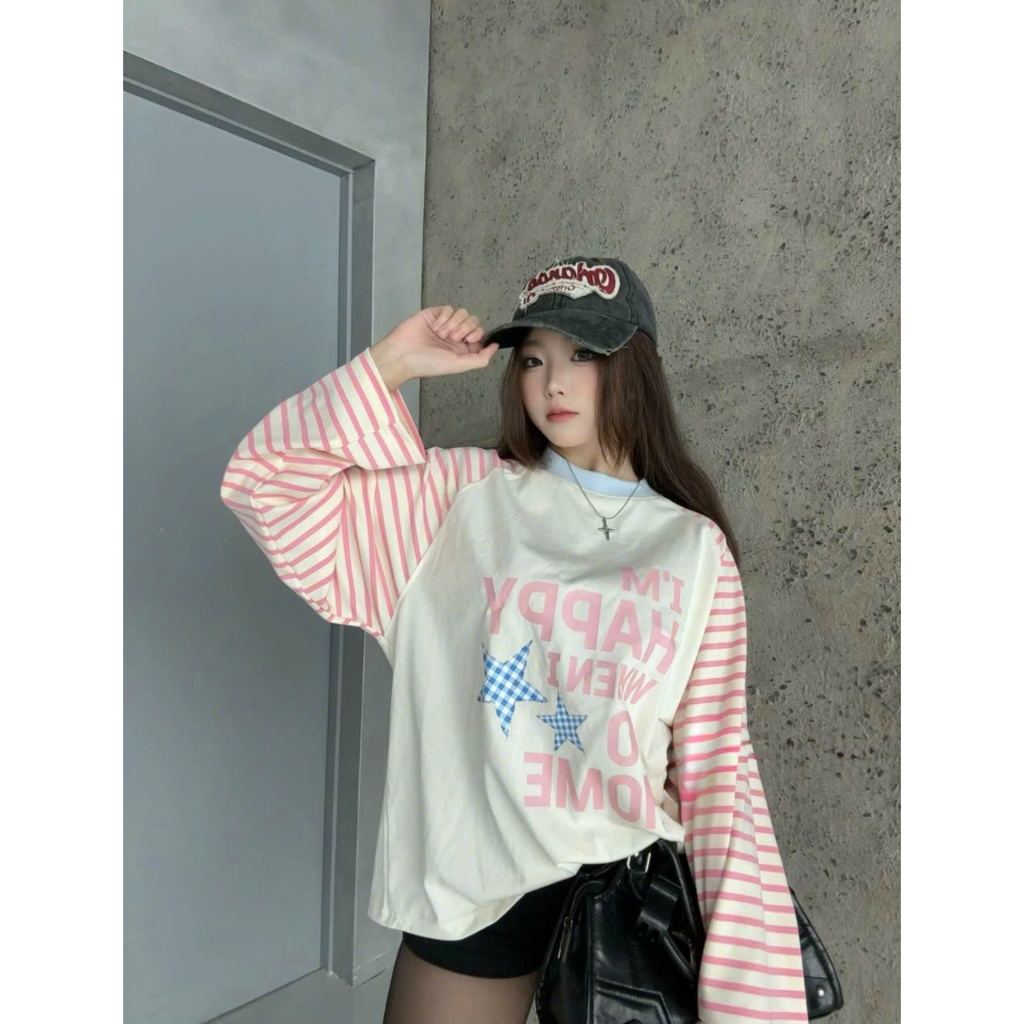 Áo Thun Tay Dài Kẻ Sọc Ngang, Áo Thu Đông Raglan Kẻ Sọc Long Sleeve Boxy Cổ Tròn Họa Tiết Sao Nhiều Màu Chất Liệu Dày