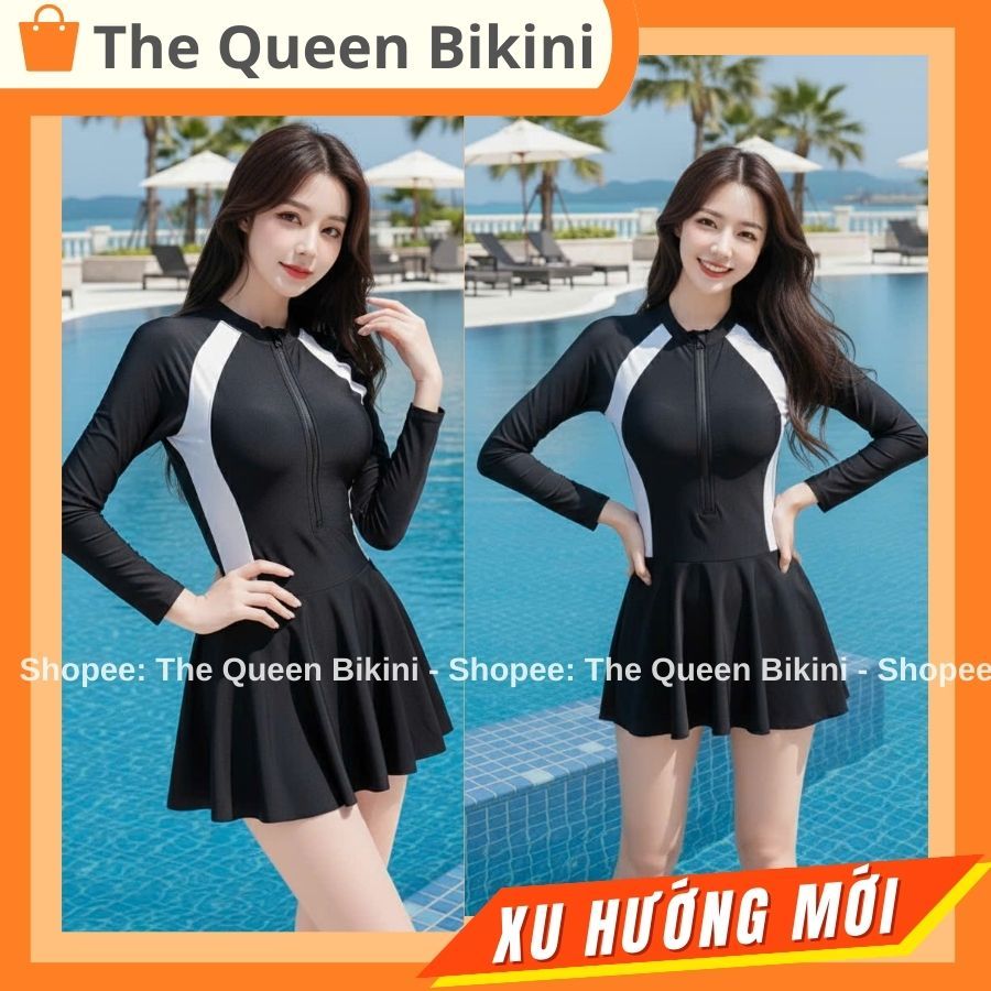 Đồ bơi liền thân nữ Bikini một mảnh kín đáo dạng váy đi biển áo tắm khóa zip tay ngắn & dài size S - 2XL The Queen 082 | BigBuy360 - bigbuy360.vn