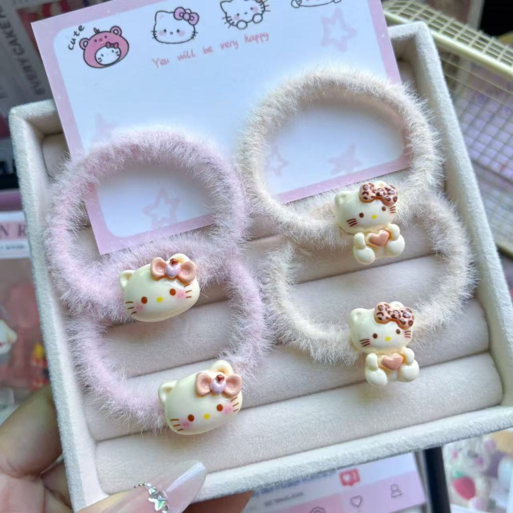 Dây Buộc Tóc Lông Nhung Hello Kitty Họa Tiết Da Báo Dễ Thương Phụ Kiện Tóc Thu Đông Style Hàn Quốc C