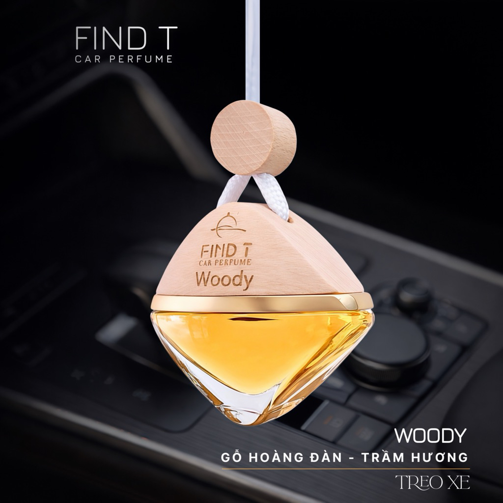 NƯỚC HOA Ô TÔ FIND T - WOODY ( treo xe ) Gỗ Hoàng Đàn - Trầm Hương - Cashmere - Tuyết Tùng