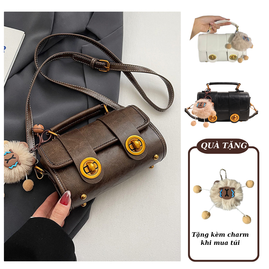 Túi xách nữ YUMI túi đeo chéo đi chơi da PU size 19cm kèm móc bông dễ thương MK372