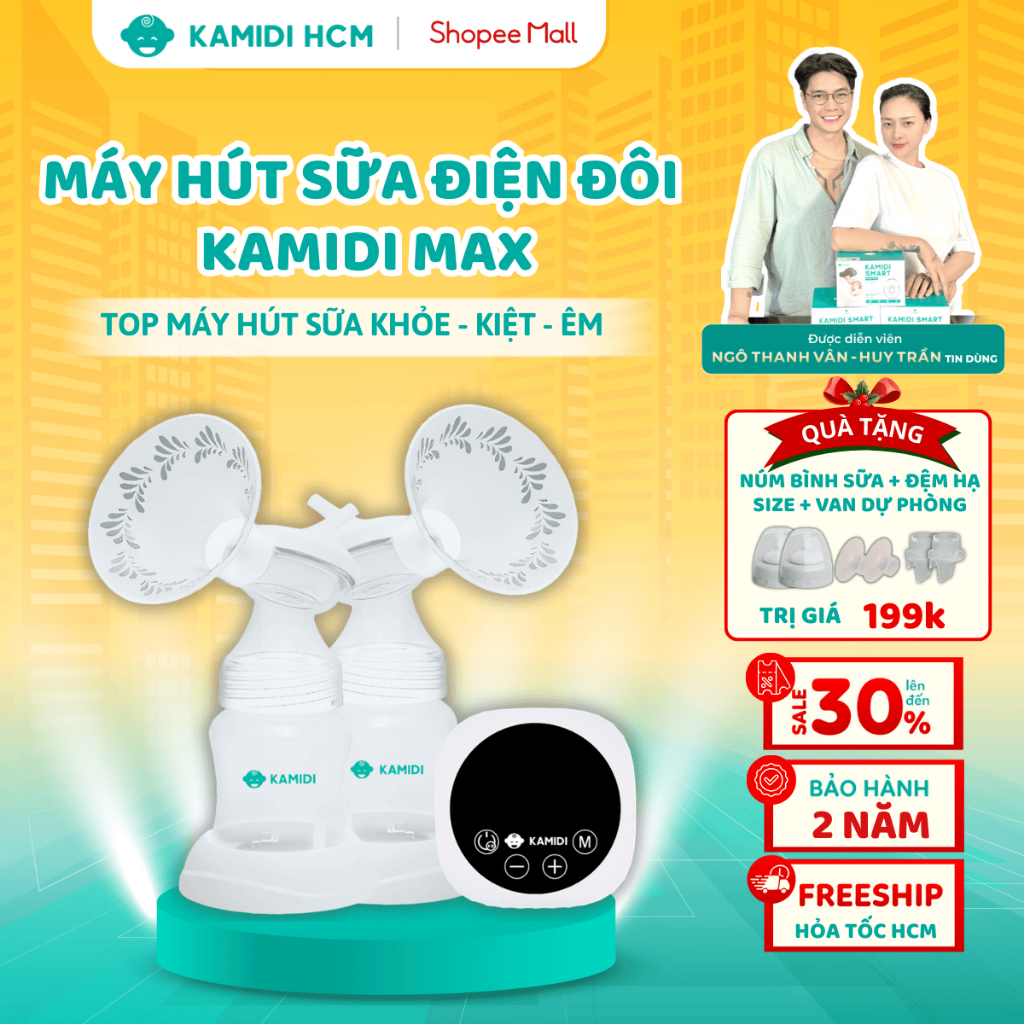 [HỎA TỐC HCM] Máy Hút Sữa Điện Đôi Kamidi Max - Phễu Hút Silicone Mềm Mại - Hút Kiệt