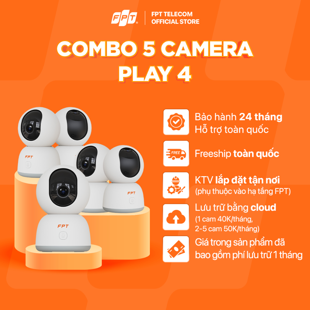 Combo 5 Cloud Camera Play 4 - Chính hãng FPT - Công nghệ AI - Độ phân giải 3MP - Quay 360 độ