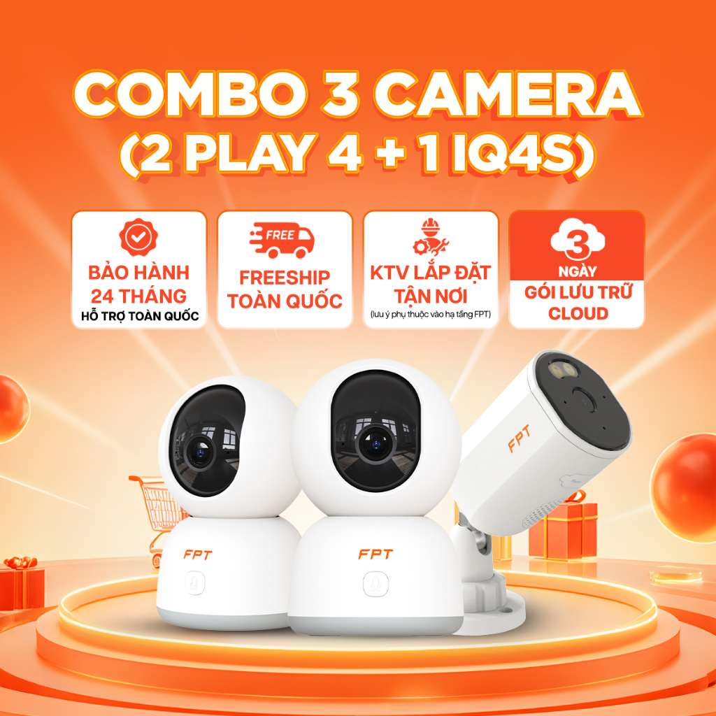 Combo 3 Camera an ninh A - Bảo vệ tối đa an ninh bên trong nhà - Chính hãng FPT (1 IQ4S & 2 Play 4)