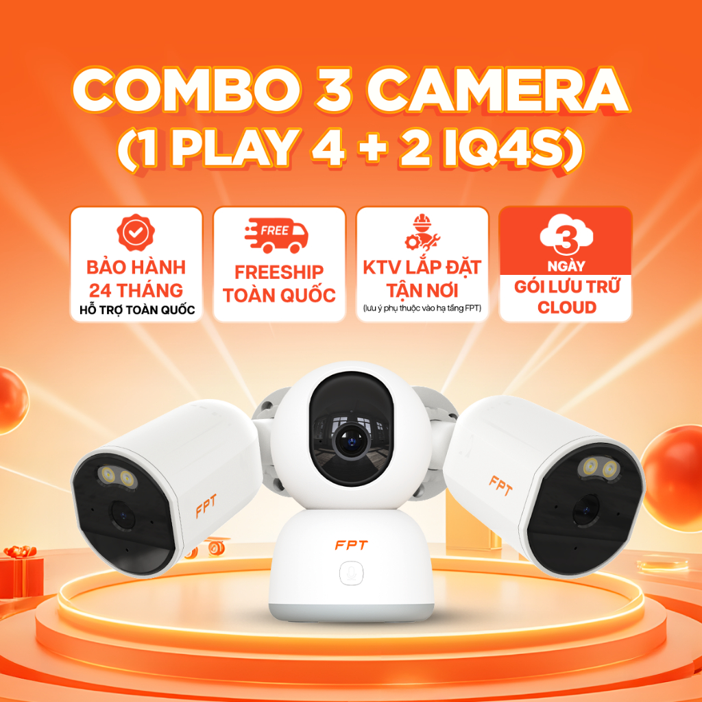 Combo 3 Camera an ninh AI - Bảo vệ tối đa không gian quanh nhà - Chính hãng FPT (2 IQ4S & 1 Play 4)