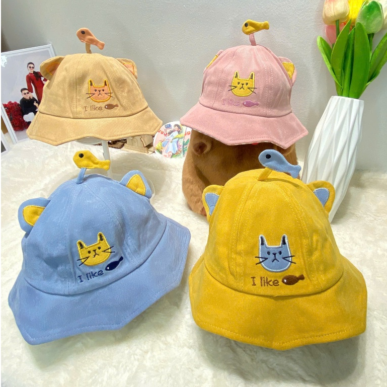 Mũ trẻ em, MV22 Mũ tai bèo thêu hoạ tiết cá con, chất liệu nhung tăm, bé từ 2-4 tuổi (vđ 48-52cm), t