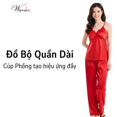 Đồ bộ mặc nhà WANNABE đồ bộ quần dài áo hai dây cúp ngực nhúng phồng hack vòng 1 khỏi dán t.i BDS38
