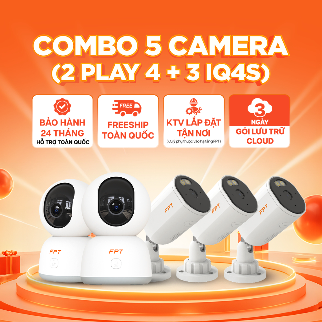 Combo 5 Camera an ninh AI- Bảo vệ toàn diện nhà, sân vườn rộng - Chính hãng FPT (3 IQ4S & 2 Play 4)