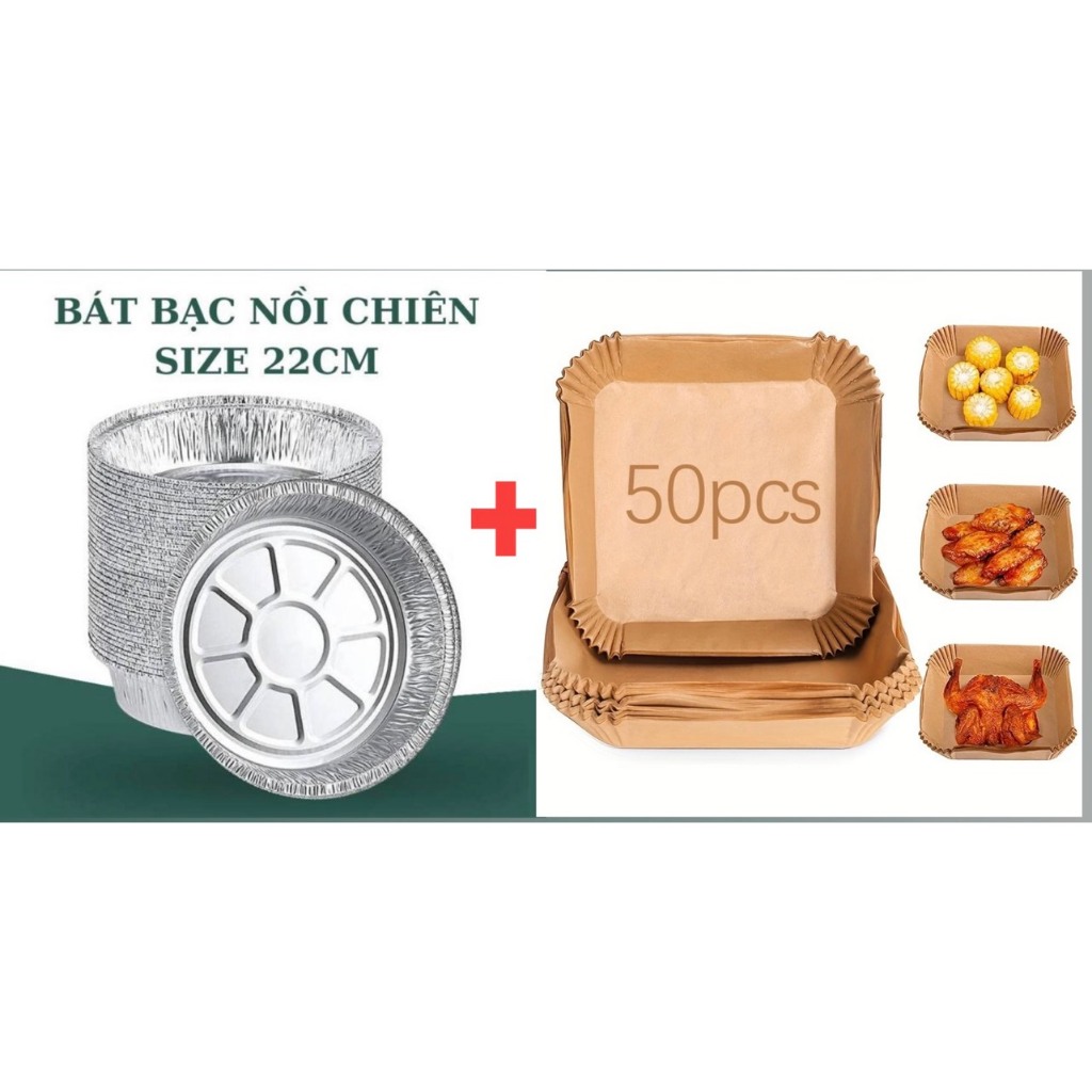 (Tặng 50 nến vuông 24cm)COMBO 100 bát bạc 22cm tặng 50 giấy nến 24cm ,khay bạc lót nồi chiên không dầu