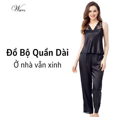 Đồ bộ mặc nhà lụa WANNABE bộ quần dài phối áo bản vai viền ren hoa nữ tính luôn đẹp khi ở nhà BDS04