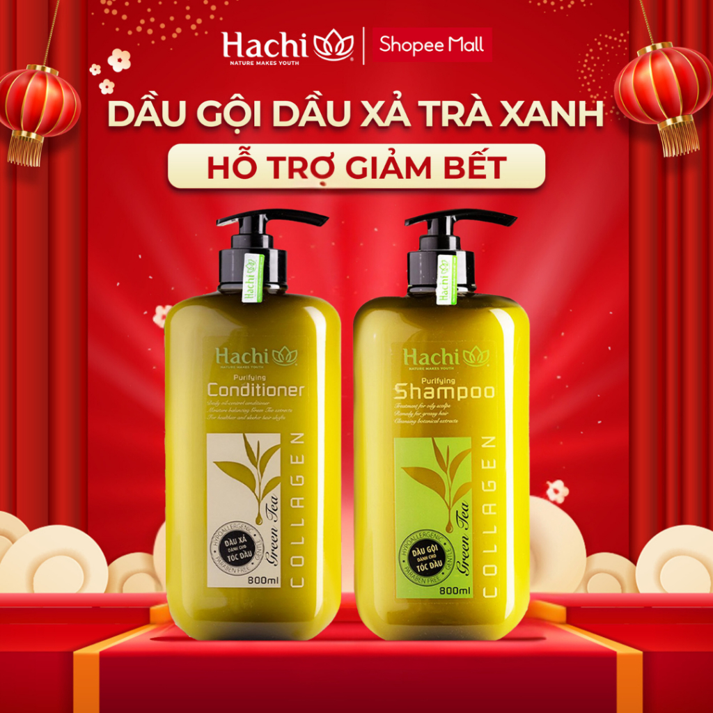 Dầu gội, dầu xả Hachi Purifying dành cho tóc dầu bết chiết xuất lá trà xanh hỗ trợ giảm dầu nhờn
