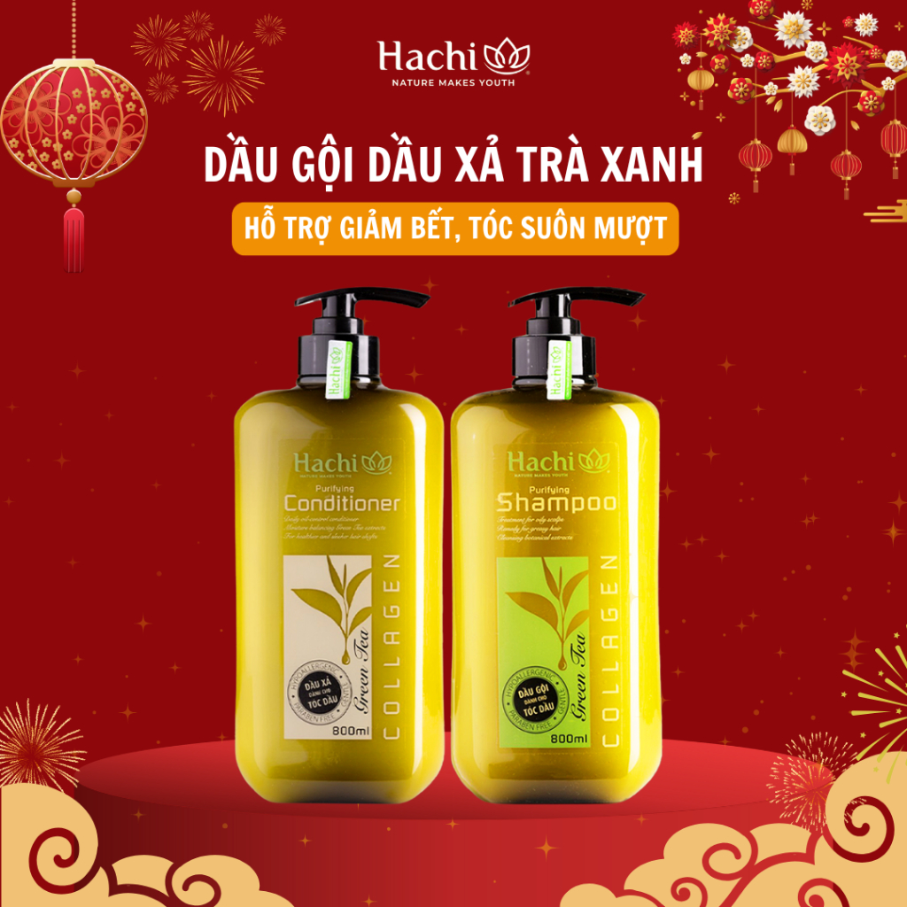 Combo gội xả trà xanh cho tóc dầu bết Green Tea Hachi Việt Nam hỗ trợ giảm dầu nhờn trên mái tóc