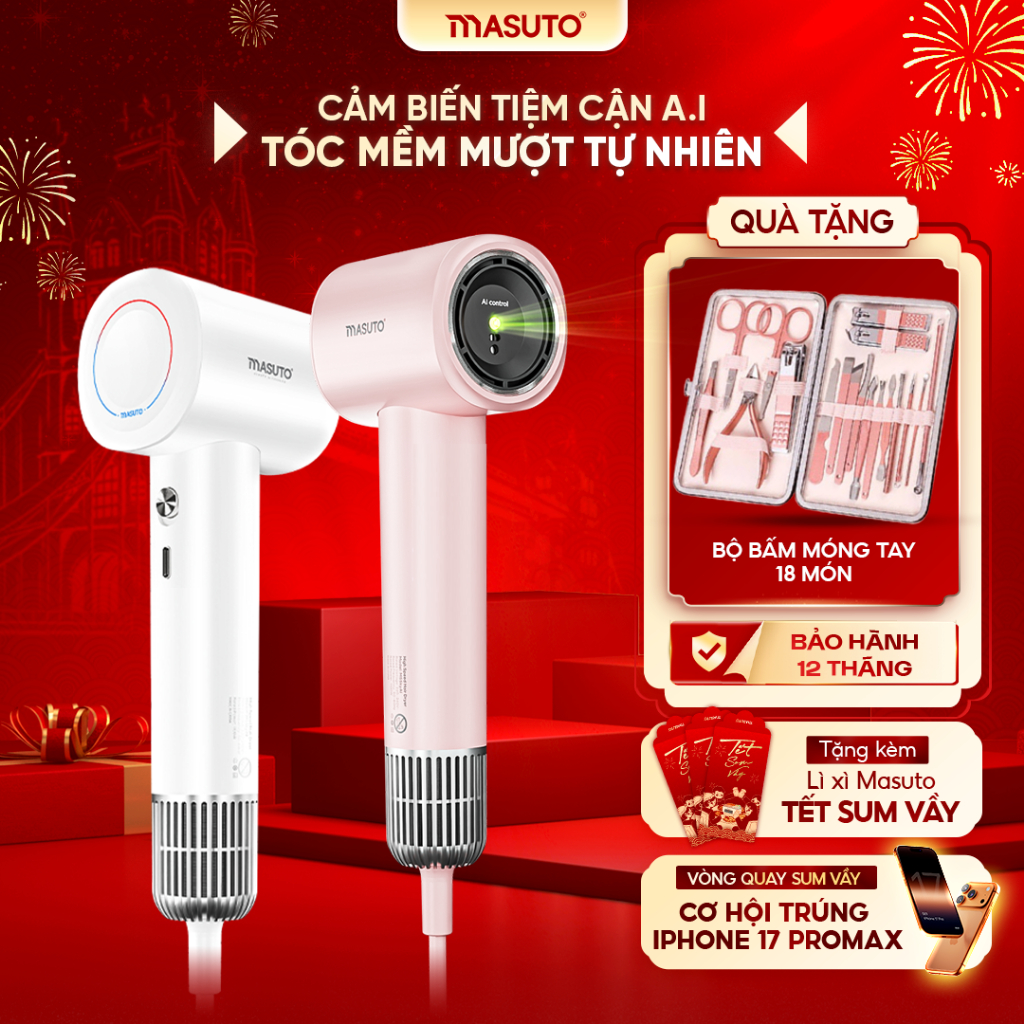 [GIÁ SHOCK TẠI LIVE] Máy sấy tóc ion âm Masuto SkyAI cảm biến tự động điều chỉnh nhiệt bảo vệ tóc bả